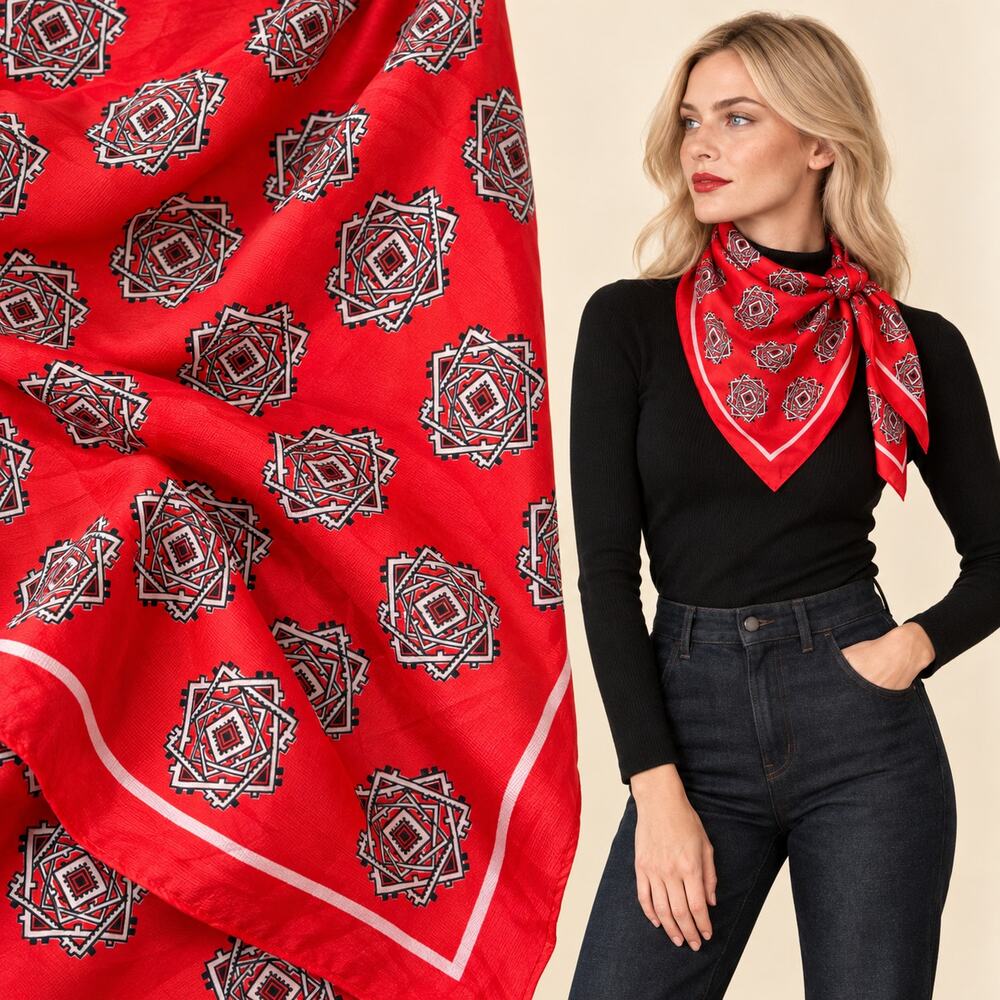 VTG Red Geometric Medallion Square Scarf Feels like Silk 30 x 30 Inch